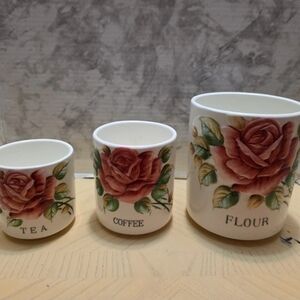 Lefton Rose Motif Ceramic Kitchen Canister Trio in White and Pink